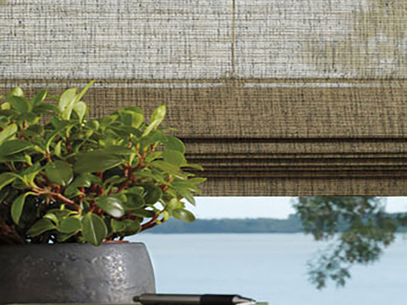 Brown and green window shades with plant and book and view of water out the window