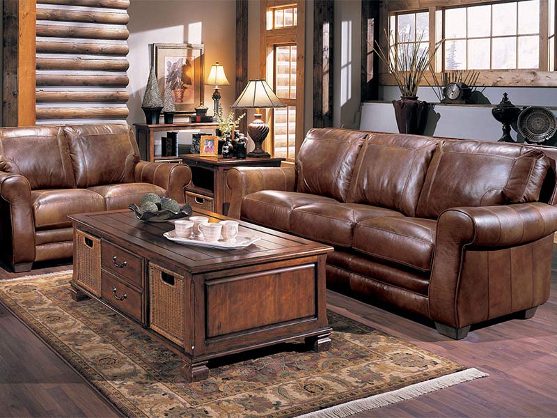Living room scene with brown leather couches
