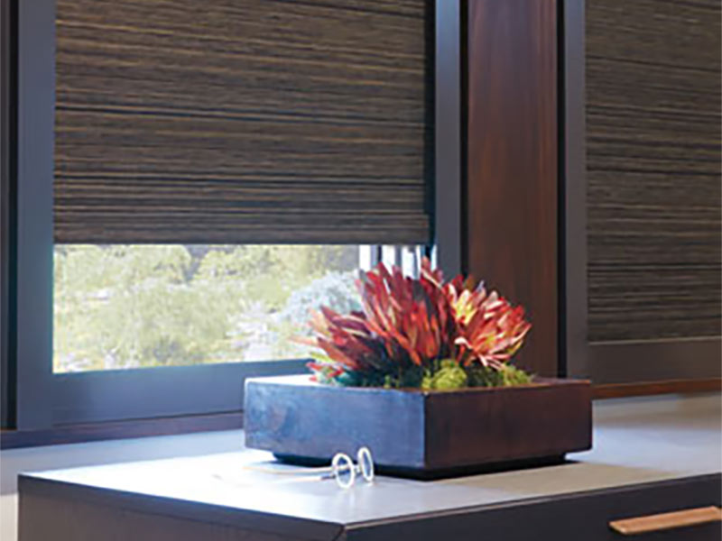 Dark brown window shades with red plant on top of a white table